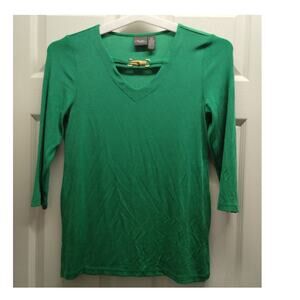Chico's Travelers Size 0 (Small) Green Slinky Stretch 3/4 Sleeves V-Neck Top
